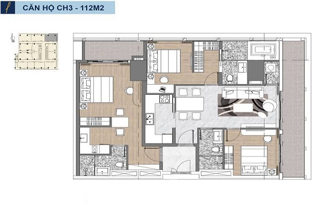 Mặt bằng căn hộ 3 phòng ngủ được tích hợp trong dự án