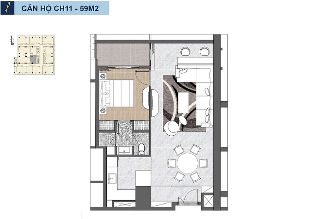 Mặt bằng chi tiết cho mẫu căn hộ 1 phòng ngủ tiêu chuẩn trong dự án