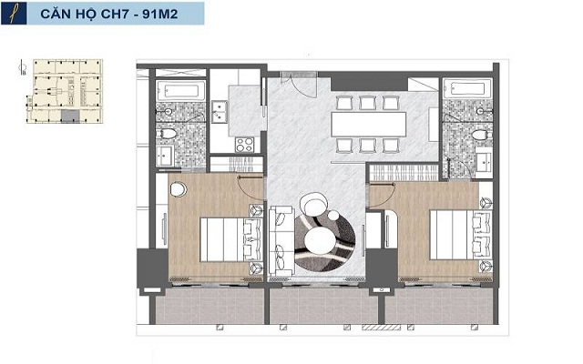 Mặt bằng mẫu căn hộ 2 phòng ngủ tiêu chuẩn được xây dựng trong dự án